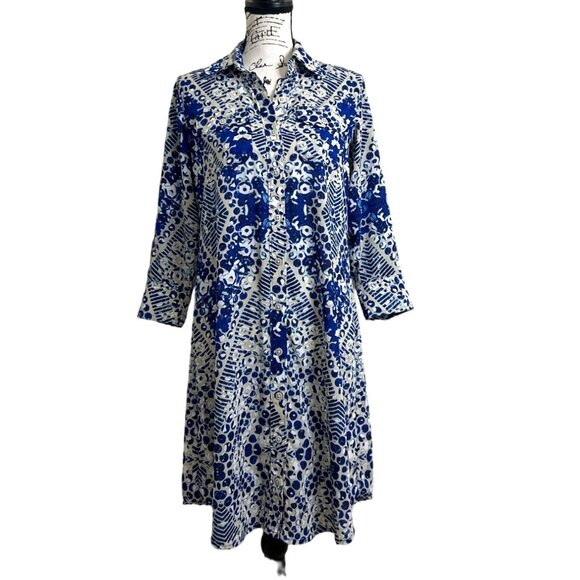CAbi Dresses & Skirts - Cabi Women's Shirt Dress Sheer Button Up Blue Tan Roll Tab Sleeve Size S
